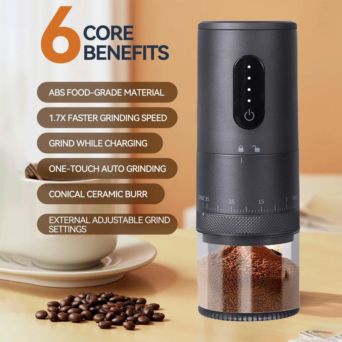 GrindPro™ Portable Electric Coffee Grinder – Ceramic Burr, 38 Settings